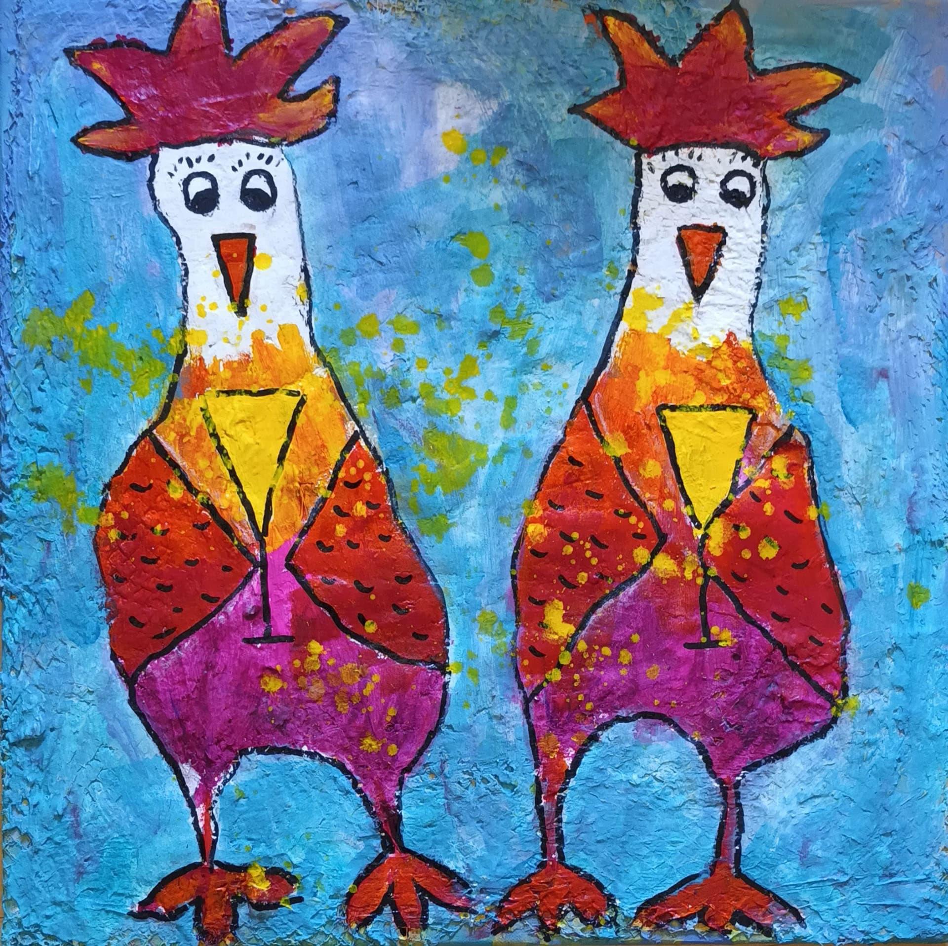 Zwei Hühner mit Sektgläser