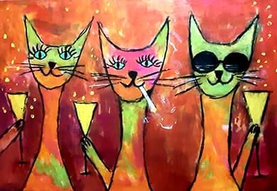 Drei Katzen mit Gläsern